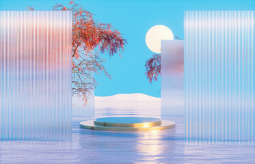 Fototapete - Natural podium backdrop for product display with Autumn seascape scene. 3d rendering
