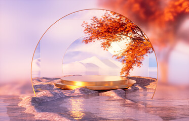 Fototapete - Natural podium backdrop for product display with Autumn seascape scene. 3d rendering