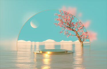 Poster - Natural podium backdrop for product display with Autumn seascape scene. 3d rendering