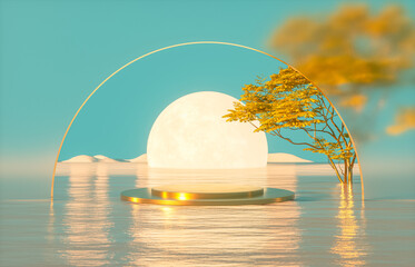 Poster - Natural podium backdrop for product display with Autumn seascape scene. 3d rendering