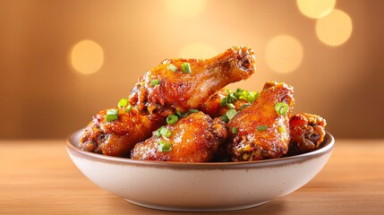 Deliciously glazed chicken wings garnished with green onions