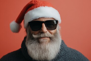 Confident bearded man in a Santa hat and black sunglasses poses against a colorful background, embodying a blend of festive cheer and modern fashion style.