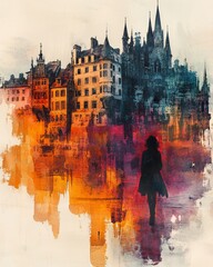 Abstract Cityscape with Silhouette of a Woman in Dark Colors and Fiery Red-Orange Background – Concept Art of Urban Life and Mystery