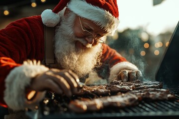 A jolly bearded man dressed as Santa cooks ribs on a barbecue grill, surrounded by warm light and smoke, creating a festive and cheerful Christmas atmosphere.