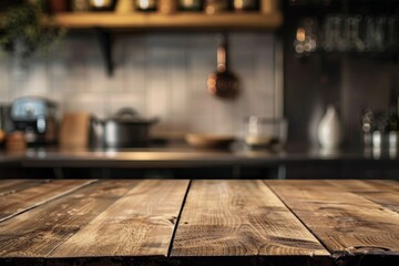 A modern rustic wooden table plate takes center stage, with a cozy, nature inspired kitchen illuminated by warm pendant lights in the kitchen background.