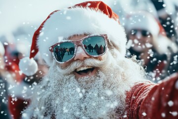 A joyful Santa Claus adorned in sunglasses, snaps a cheerful selfie amidst falling snowflakes, exuding fun and modern holiday vibe with a big smile.