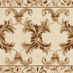 Vintage tapestry classic acanthus leaf border pattern on vintage beige fabric background, seamless repeating pattern, textile print style, minimal, tapestry design, seamless classic acanthus leaf