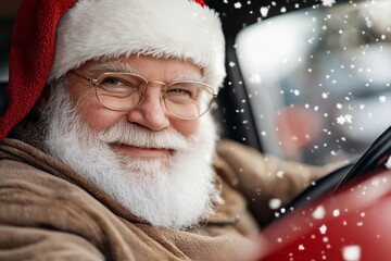 A cheerful, smiling Santa cruises through wintry streets, adding a touch of magic and joy to the season with his spirited demeanor and classic red attire.