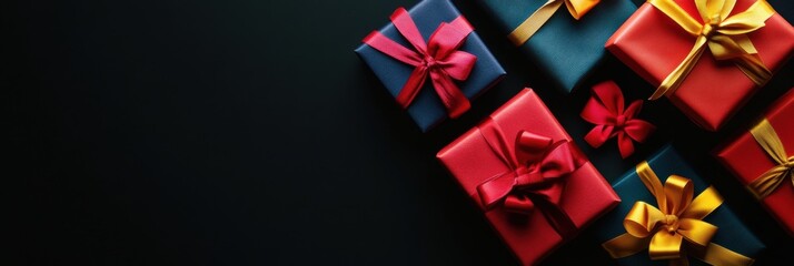 Poster - A collection of saturated gift boxes in red and blue, elegantly tied with extravagant bows on a contrasting dark surface. Generative AI