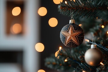 A beautifully decorated Christmas tree with a black and gold star ornament is highlighted with soft bokeh lights in the background, creating a festive ambiance.