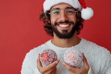 A young man with a joyful expression wearing a Santa hat, smiling broadly while holding two large decorative balls against a vibrant red background.