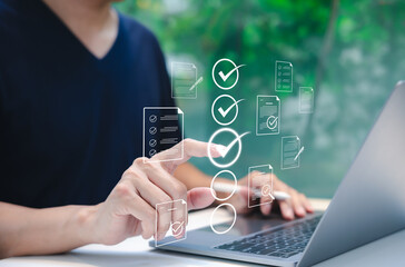 online assessment and survey concept. a person interacts with virtual checklist on laptop, symbolizi