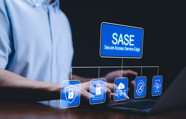 SASE Secure Access Service Edge Technology Concept. Interface SASE, Secure Access Service Edge, icons related to network security, password, cloud services, framework, support, and data protection.