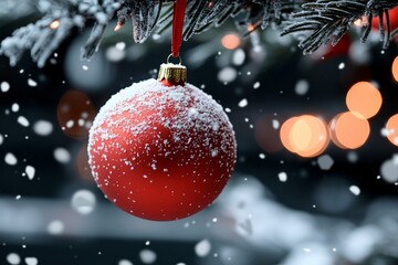 A close-up of a red Christmas ornament dusted with snow, hanging from an evergreen branch with warm bokeh lights in the background, creating a serene scene.