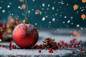 A classic red Christmas ornament rests beside a pine cone on a snowy surface, capturing the essence of holiday cheer in a serene winter setting.