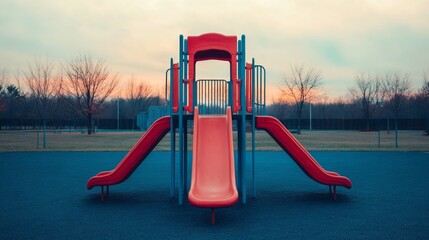 Colorful playground slide in a park during sunset, isolated background