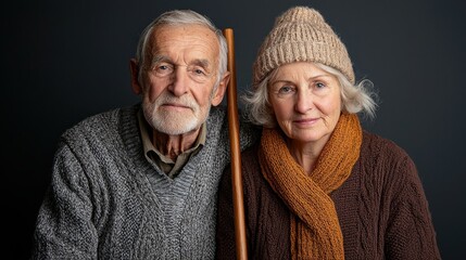 Portrait of a loving elderly couple with warm smiles, dressed in cozy sweaters, against a dark background.