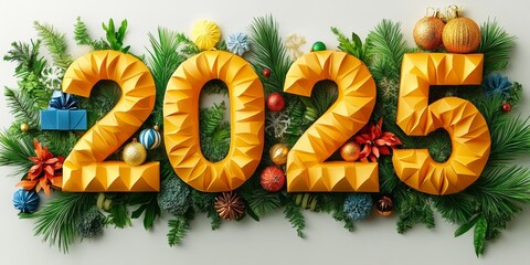 New year 2025. Bright 3D numbers with colorful Christmas decoration. Greeting card design.