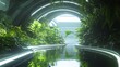 © Jakkarin - Futuristic Spaceship Garden Oasis - Sci-Fi Ray Tracing Illustration with Glowing Plants and Tranquil Water Feature