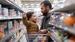 © AnuStudio - Father and child shopping together in a grocery store, joyful moment between parent and child.