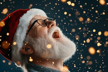 A joyful man with a white beard and glasses wears a Santa hat and sings heartily in the foreground, enveloped by warm golden lights and a festive ambiance.