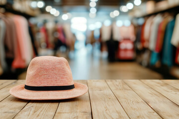 Aufkleber - Pink summer hat lying on wooden table in clothing store