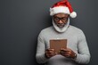© Odin AI - The image features an elderly man with a gray beard and glasses, wearing a Santa hat and reading a clipboard against a dark background, suggesting a festive theme.