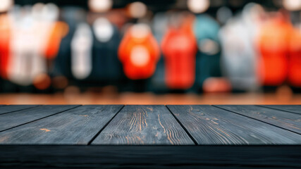 Aufkleber - Empty wooden table top with blurred clothing store background