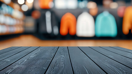Aufkleber - Empty wooden table in front of blurred sports store background, perfect for showcasing products or creating mockups