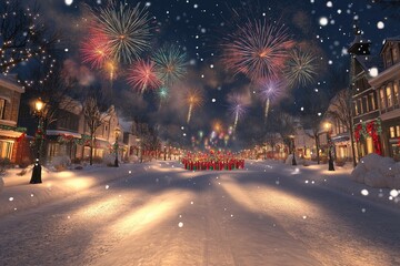 A Christmas parade passing through a snow-filled town, with fireworks lighting up the night sky and casting colorful reflections on the holiday decorations and the soft snowfall below.