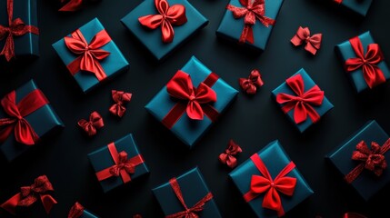 Sticker - A collection of strikingly saturated gift boxes features elegant red bows, arranged beautifully for festive gifting moments. Generative AI