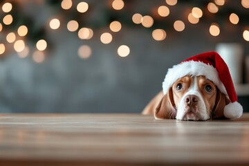 A dog with droopy eyes resting its head on a wooden table, wearing a red Santa hat. The background features softly glowing holiday lights in bokeh effect.