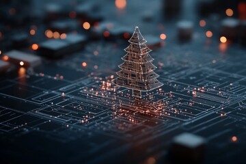 An intricate, futuristic Christmas tree made of glowing lines sits on a digital circuit board, blending the holiday spirit with a modern technological twist.