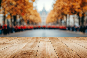 Poster - Empty wooden table top on blurred background of autumn street, perfect for product display montage