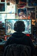 © Oscar - A teenage gamer playing on his PC, headphones on, in a messy bedroom filled with gaming gear, empty cans, and posters on the walls, fully immersed in the game
