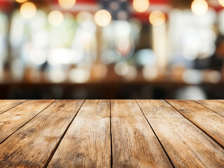 Poster - Empty wooden tabletop with blurred restaurant background, ideal for product placement