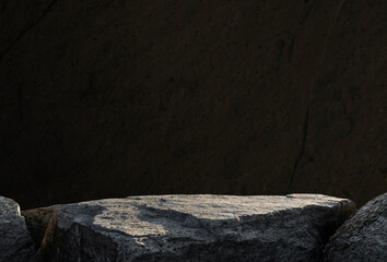 Aufkleber - Stone Rock Podium on Black Cement Stone Wall for Product present,Studio Background with  light on Clifft Rock stand Display Design,Empty Backdrop Background for Black Friday or Spa,Cosmetic promotion