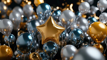 A mix of silver and gold star-shaped balloons floating on a black background, shimmering in the light