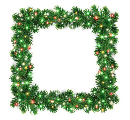 Wall Mural - Christmas wreath with glowing Christmas lights. Christmas tree decoration. Holiday fir tree garland. Festive winter season frame, realistic spruce branches. Transparent background in vector file.