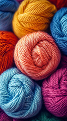 Collection of colorful yarn balls, for knitting, crocheting, and crafting projects