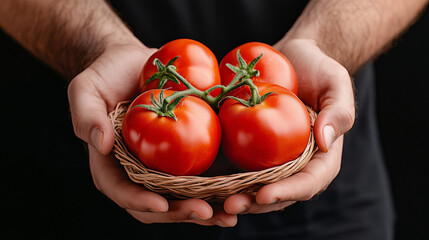 A pair of hands holds a basket containing four fresh red tomatoes, showcasing their vibrant color and natural texture. Perfect for cooking and healthy meals.