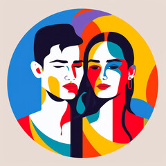 Circular image of a man and woman in a modern, minimalist style. Gender equality concept