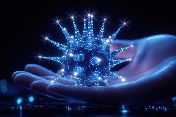 A glowing blue virus structure held in a hand against a dark background, symbolizing scientific advancements.