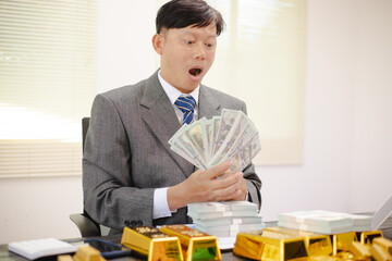 Illustration of businessman working hard with gold bars, evaluating investments and transactions in financial office, demonstrating asset allocation and precious metals trading strategies.