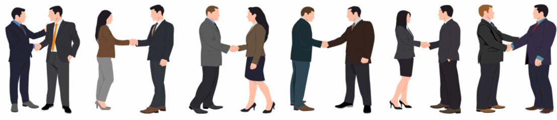 Wall Mural - Colleagues shaking hands. Business people handshake, business deal or agreement, businessmen and businesswoman shaking hands set. Office workers handshake