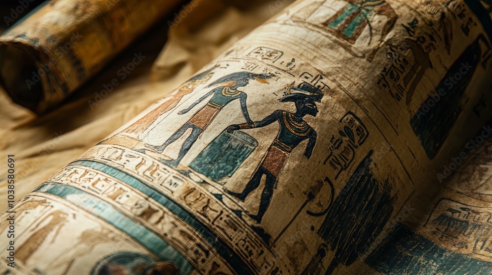 An ancient Egyptian papyrus scroll featuring intricate artwork and ...