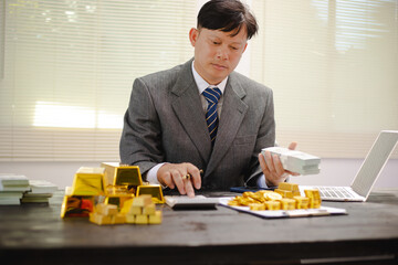 Illustration of businessman working hard with gold bars, evaluating investments and transactions in financial office, demonstrating asset allocation and precious metals trading strategies.