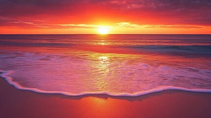 Poster - Vibrant red and orange sunset over the ocean, reflecting off the water as gentle waves touch the sandy beach.