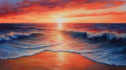 Canvas Print - Vibrant red and orange sunset over the ocean, reflecting off the water as gentle waves touch the sandy beach.