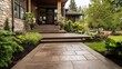© Cheewynn - Elegant stamped concrete patio leading to a rustic home entrance, designed to resemble natural flagstone, surrounded by lush greenery